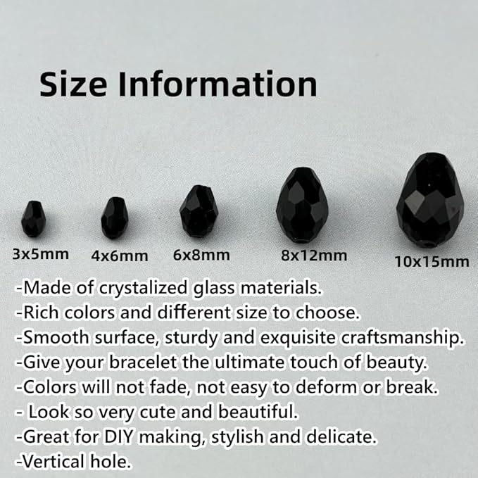 100pcs 8x12mm Teardrop Crystal Glass Beads for Jewelry Making, Faceted Vertical Hole Teardrop Glass Spacer Beads for Wind Chimes Bracelet Earring Necklace DIY Craft(Black)