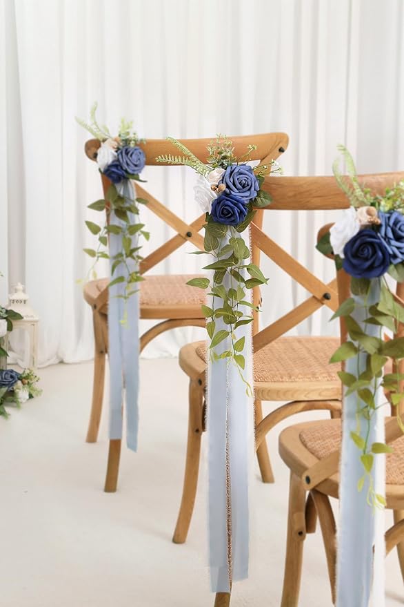 Artificial Rose Pew Flowers, Blue, Set of 10 with Chiffon Ribbon