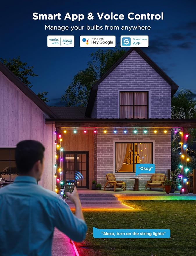Smart LED Outdoor String Lights, 96ft RGBICW with App Control