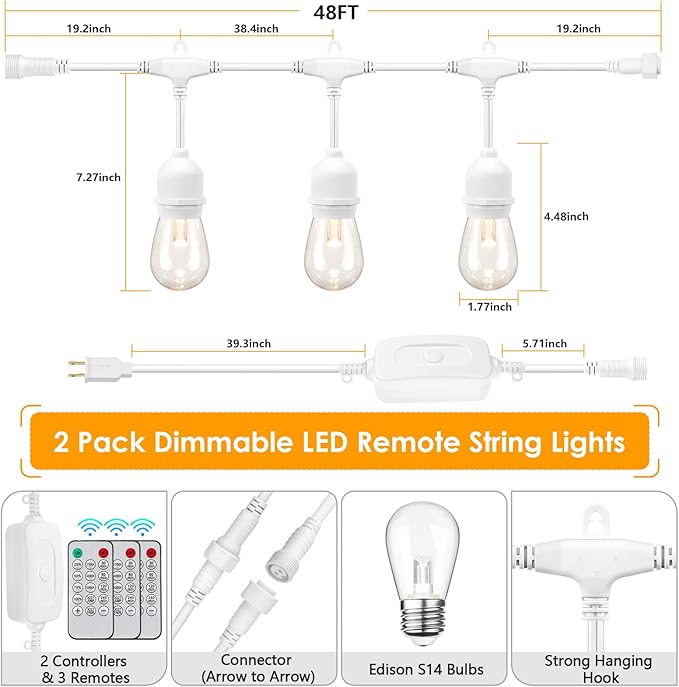 Outdoor String Lights 2-Pack 48 ft Dimmable LED with Remote, 3 Color Options