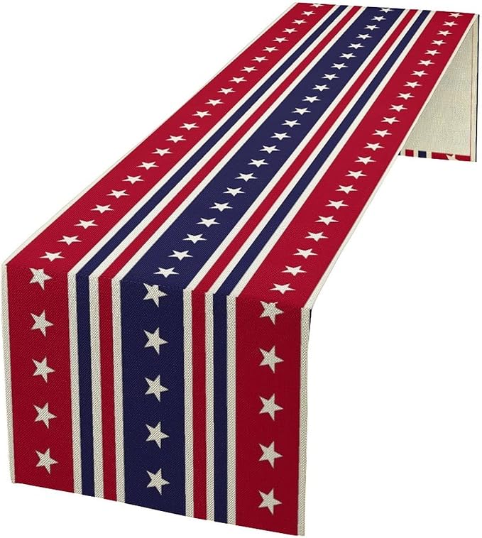 4th of July Table Runner, USA Flag Stars Stripes American Independence Day Red Blue White Stars Lines Print Table Cover for Farmhouse Kitchen Indoor Outdoor Home Party, 13x90inch