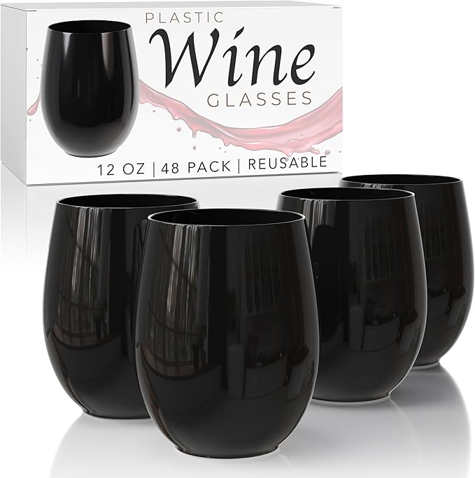Stemware: Unbreakable Stemless Plastic Wine Glasses, 48 Count, 12 oz