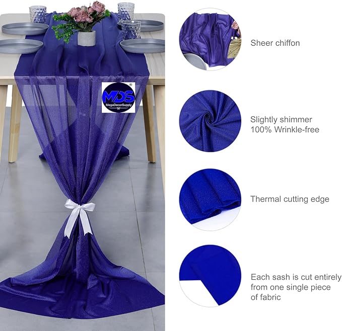MDS 15 Pack 10ft Chiffon Table Runner 29 x 120 Inches Sheer Wedding Runner Romantic Rustic Table Runner for Wedding Decorations, Birthday Parties, Bridal Shower Party Arch Decor - Royal Blue