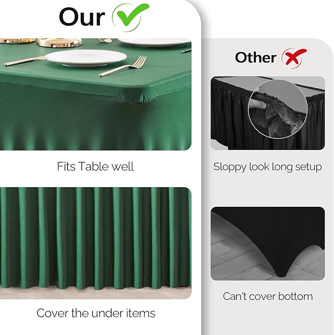 Wish Care 6 Pack Hunter Green Stretch Spandex Table Clothes for 8 Foot Rectangle Tables, 8FT Wrinkle Free Fitted Tablecloths Ruffles Design Table Cover for Party, Banquet, Wedding and Events