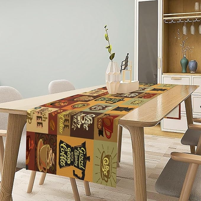 Coffee Table Runner,Vintage Style Coffee Beans Cups Theme Design Pattern Print Tablecloth Burlap for Hotel Indoors Outdoor Dining Room Kitchen Holiday Party, 13x60in