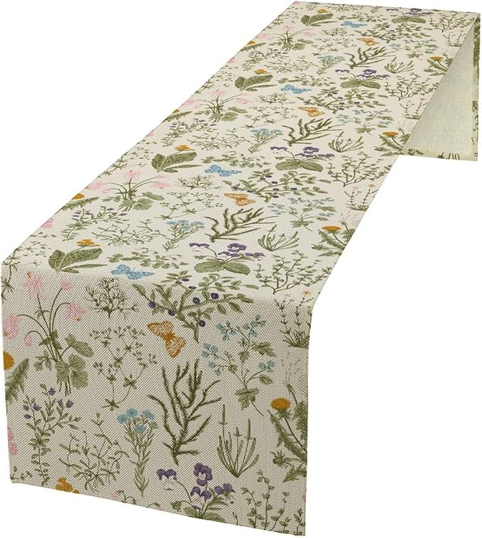Wildflowers Floral Table Runner, Retro Flower Butterfly Seasonal Spring Summer Kitchen Dinning Table Runner for Indoor Outdoor Home Wedding Party Holiday, 13x60 Inch