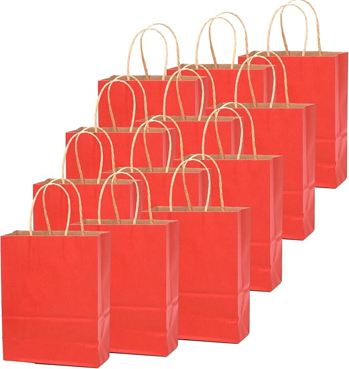 Gift Bags with Handles, Kraft Red, 100 Pack, 13 x 10.3 x 4.6 Inch