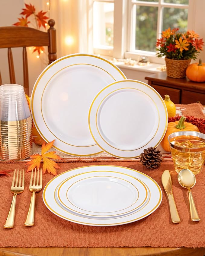 Round Gold Trim Plastic Plates Set, 150 Pieces for Parties