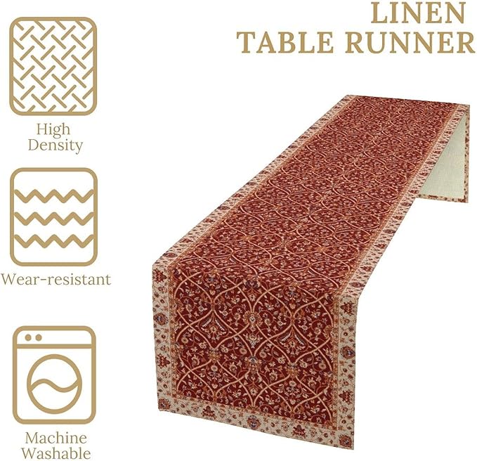 Boho Floral Vintage Table Runner, Red Retro Flower Rustic Country Farmhouse Abstract Pattern for Home Kitchen Table Decor Dining Coffee Room Party Decor 13x90in