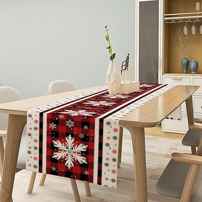 Snowflakes Christmas Table Runner,Red Buffalo Plaid Seasonal Winter Kitchen Dining Table Decoration for Home Party Decor 13x90 Inch