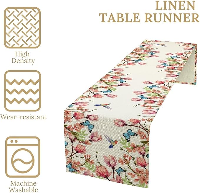 Flowers Table Runner,Floral Bird Butterfly Spring Table Cloth Kitchen Dining Table Home Party Decoration 13x120 Inch