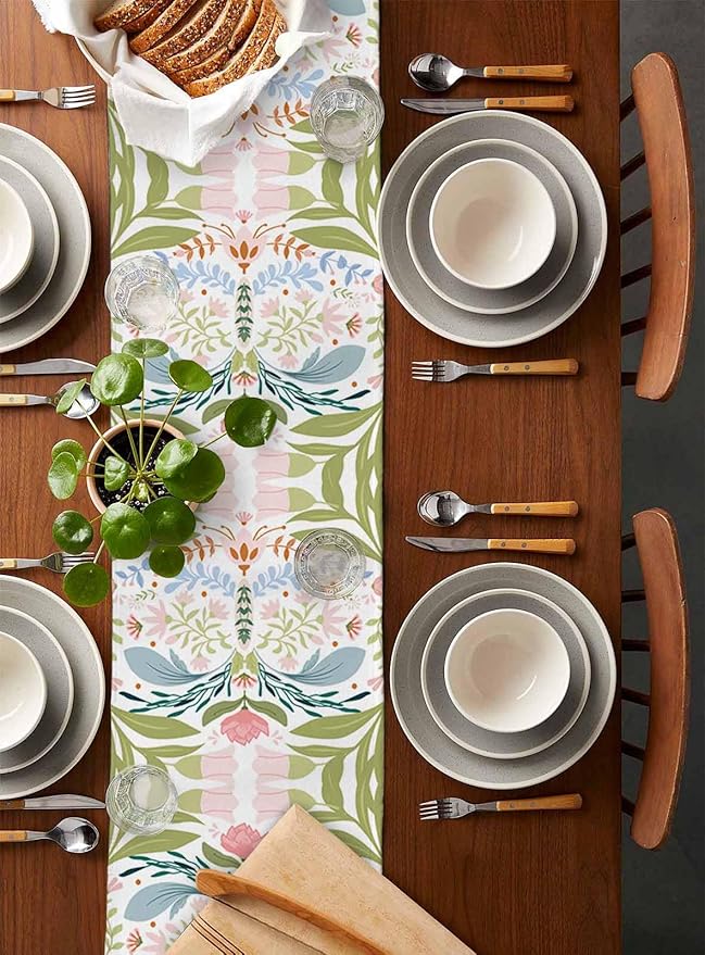 Green Blue Pink Boho Floral Cotton Linen Table Runner for Dining Kitchen, Wedding Outdoor Party Tablerunners Decoration, Retro Bohemian Botanical Dresser Scarf Coffee Tablecloth Runners 13x108 Inches