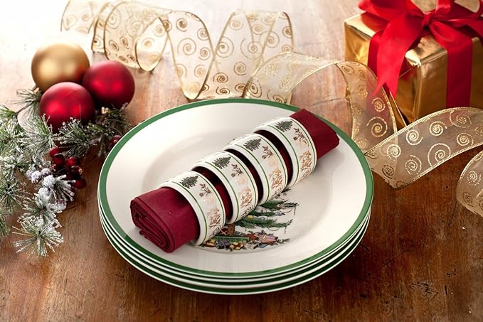 Napkin Rings, Set of 4 Porcelain Christmas Tree Design with Gold Accents