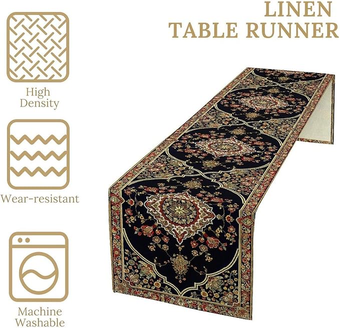 Vintage Boho Floral Table Runner, Rustic Country Farmhouse Black Bohemia Flower Pattern for Home Kitchen Table Decor Dining Cafe Room Wedding Party Decor 13x108in