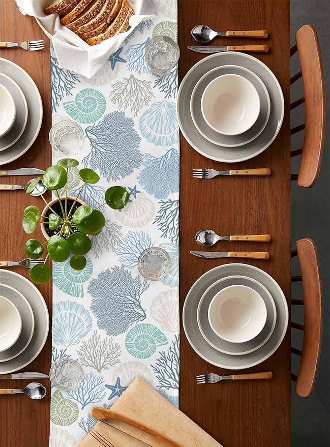 Coastal Coral Cotton Linen Table Runner for Dining Kitchen, Wedding Outdoor Party Tablerunners Decoration, Blue Nautical Starfish Ocean Shell Beach Dresser Scarf Coffee Tablecloth Runners 13''x120''