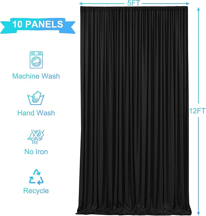 Backdrop Curtains, Black Wrinkle-Free 10 Panels, 5 x 12 Ft Each