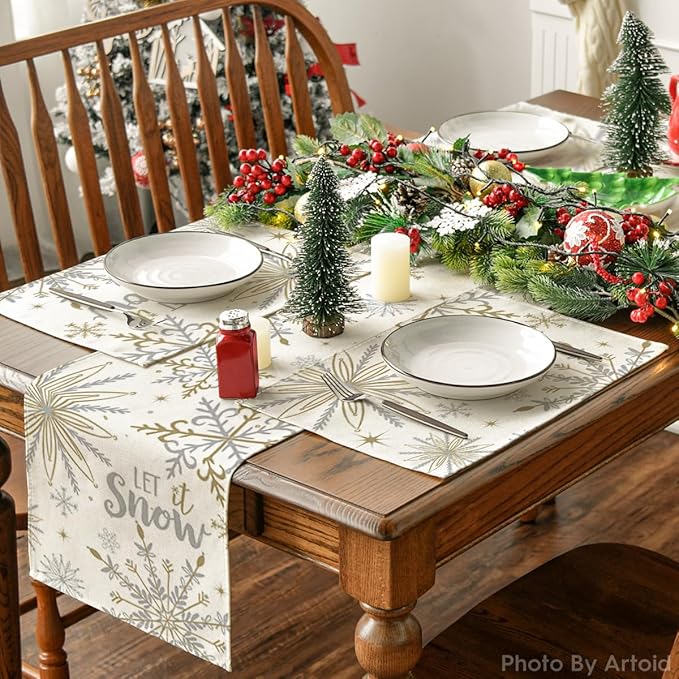 Artoid Mode Beige Snowflake Let It Snow Winter Placemats Set of 6, 12x18 Inch Seasonal Christmas Table Mats for Party Kitchen Dining Decoration