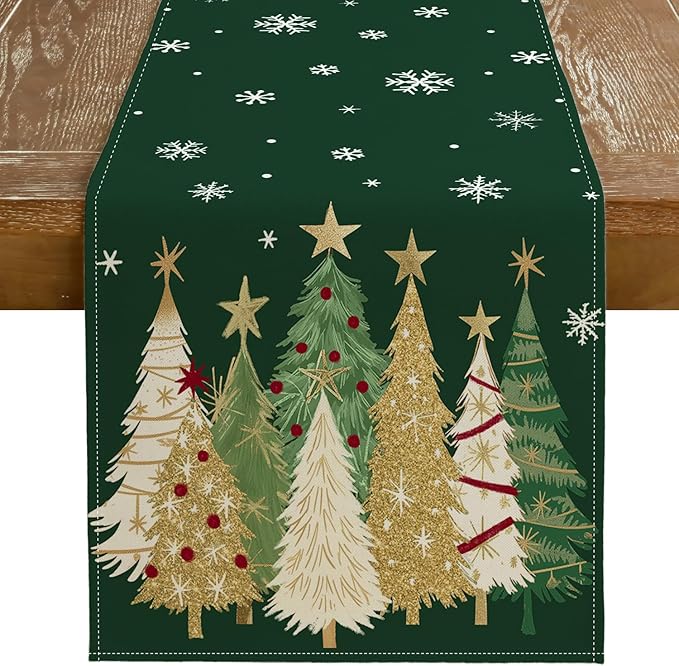 GEEORY Christmas Table Runner 13x120 Inch, Xmas Trees Snowflakes Holiday Decorative Farmhouse Table Decoration for Kitchen Dinning, Indoor Outdoor Dinner Party Decor (Green) GT152-120