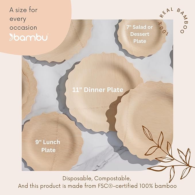 Disposable Bamboo Plates, 7 Inch Scalloped, 100 Count, Brown