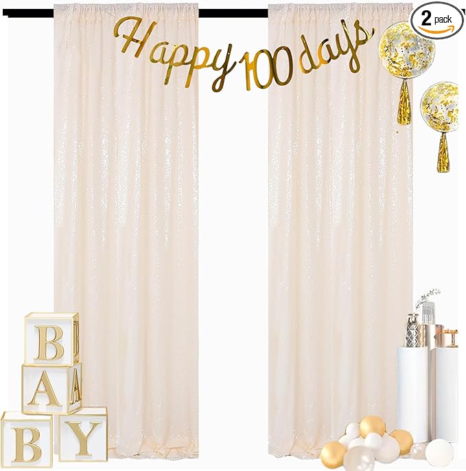 ShinyBeauty Ivory Sequin Backdrop 2 Pieces Photograph Backdrops 7FTx7FT Beige Backdrop Curtains Panels Sparkly Background Glitter Curtain for Wedding.Party,Baby Shower Backgrounds