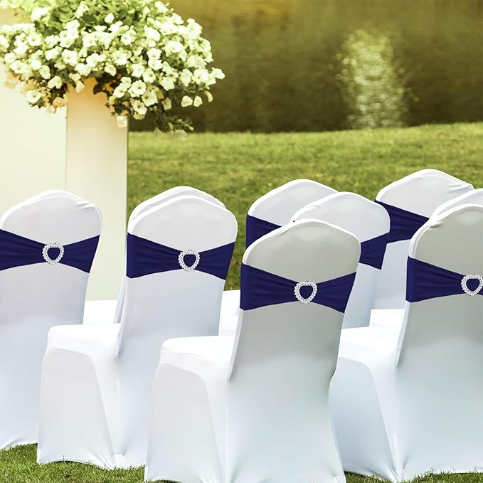 100PCS Spandex Stretch Navy Blue Chair Sashes Bows Universal Elastic Chair Cover Bands Ties with Buckle Slider for Wedding Party Ceremony Reception Event Banquet Decoration(Navy Blue)