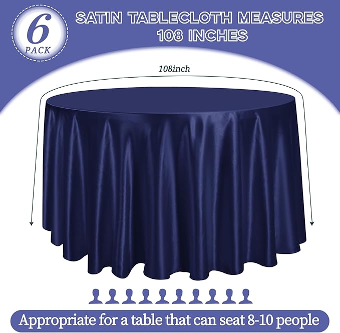 fani 6 Pack 108 Inch Navy Blue Satin Tablecloth - Premium Bright Silky Round Tablecloth Overlay Smooth Fabric Table Cover, Table Decoration for Wedding Party Banquet Events Restaurant Kitchen Dining