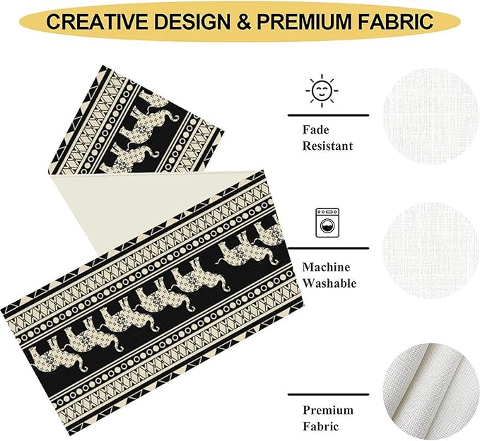 Ethnic Table Runner, Rustic Farmhouse Boho Geometric Elephant Aztec Tribal Print Black Table Center Decor for Home Kitchen Dining Patio Holiday Party Indoor Outdoor Table Decorations, 13"x90" Inch