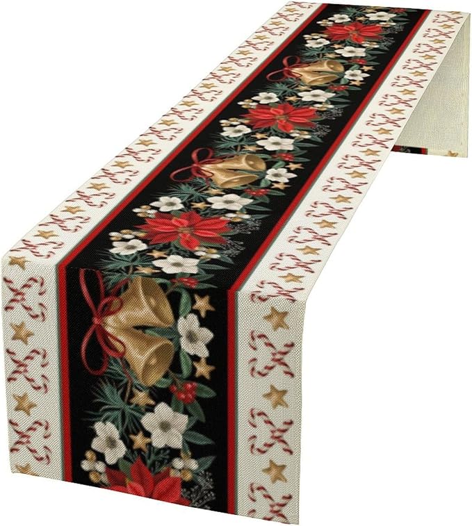 Christmas Table Runner, Xmas Holiday Seasonal Winter Table Cloth Kitchen Dining Table Decoration for Home Party Decor 13x60 Inch