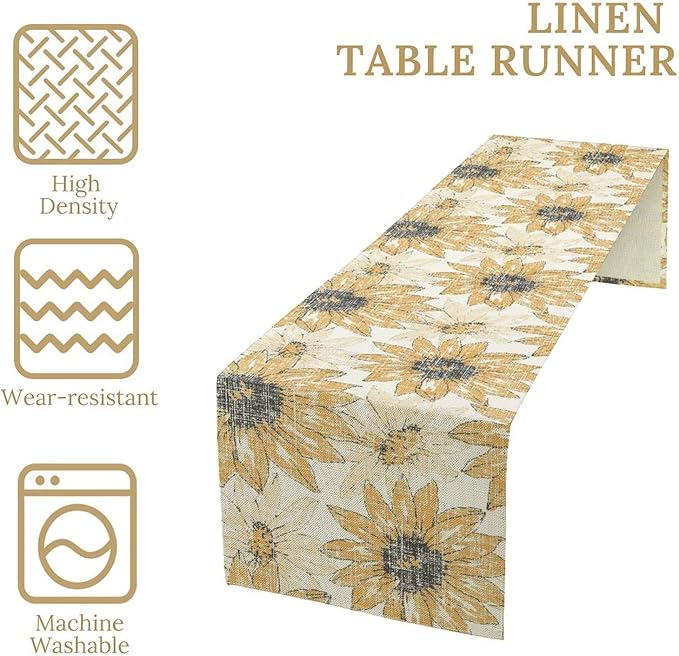 Chrysanthemum Vintage Floral Table Runner, Elegant Grunge Orange Sunflower Spring Summer Elegant Pattern Artichokes Flower Table Runner for Party Kitchen Dining Living Room Decor, 13x70 Inch