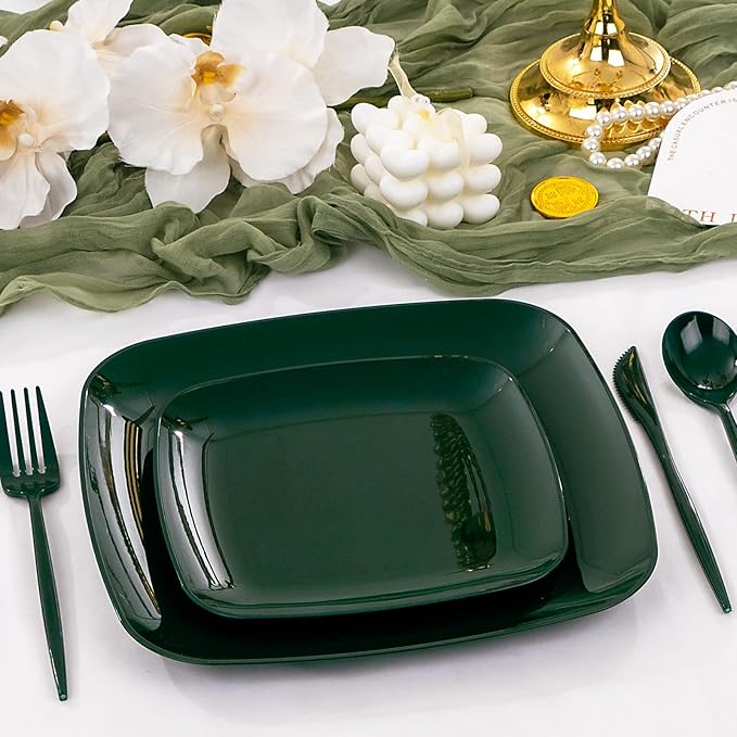Disposable Plates, 60 Count Green Square Plastic, BPA-Free