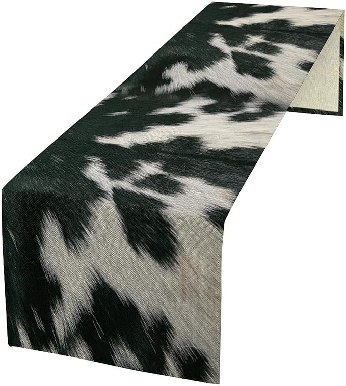Cow Skin Print Table Runner, Rustic Country Farm Fur Skin Cowhide Pattern Western Style Black White Print Table Runner for Home Kitchen Dinning, 13x120 Inch