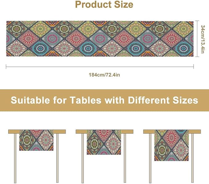 Boho Bohemian Table Runner, Vintage Indian Floral Print Table Cover for Farmhouse Kitchen Dining Table Decor Holiday Party, 13x90inch