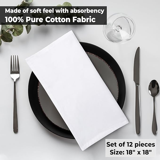 White Square Cotton Dinner Napkins, Set of 12, 18 x 18 Inch