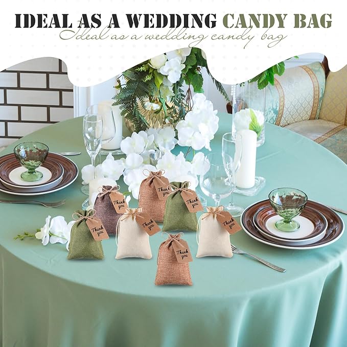 Burlap Gift Bags 100 Pack, 4 x 6 Inch Drawstring with Kraft Tags