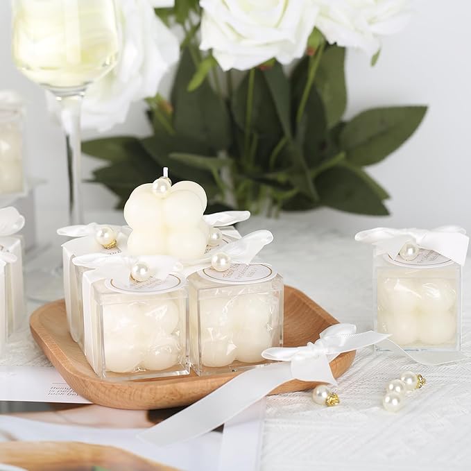20 Pcs Small Bubble Candles Elegant Party Favors Bulk Set with Decorative Ribbons Thank You Cards for Bridal Shower Guest Gifts (20, White)