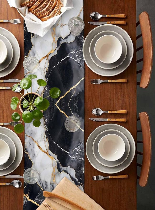 Black White Marble Cotton Linen Table Runner for Dining Kitchen, Wedding Outdoor Party Tablerunners Decoration, Nature Marble Crack Modern Art Dresser Scarf Coffee Tablecloth Runners 13x48 Inches