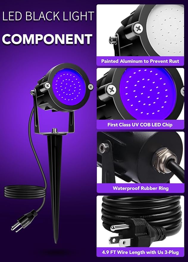 Halloween Spotlights with Purple UV Black Light, 15W Outdoor Stake, 2 Pack