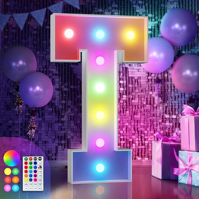 Decorations: Light Up Marquee Letter T Party Sign, 3 Ft Tall, 16 Colors, Remote Control