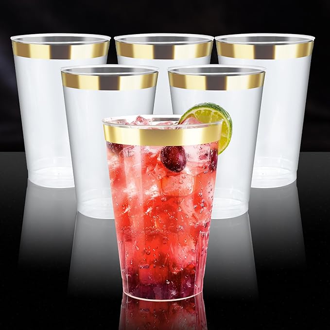 12oz Clear Plastic Cups with Gold Rimmed Sturdy & Food Safe Disposable Wine Glasses Wedding Cups Party Cups Plastic Cocktail Glasses for Wine, Juice, Cocktails and Cold Beverages [100 Pack]