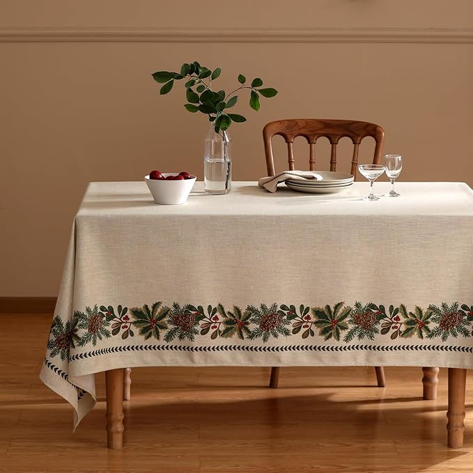 Rectangular Tablecloth 55 x 79 Inch Linen Blend Beige Floral