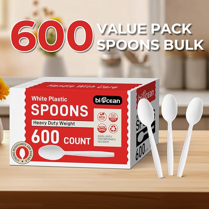 Disposable Plastic Spoons, 600 Count, Heavy Duty White