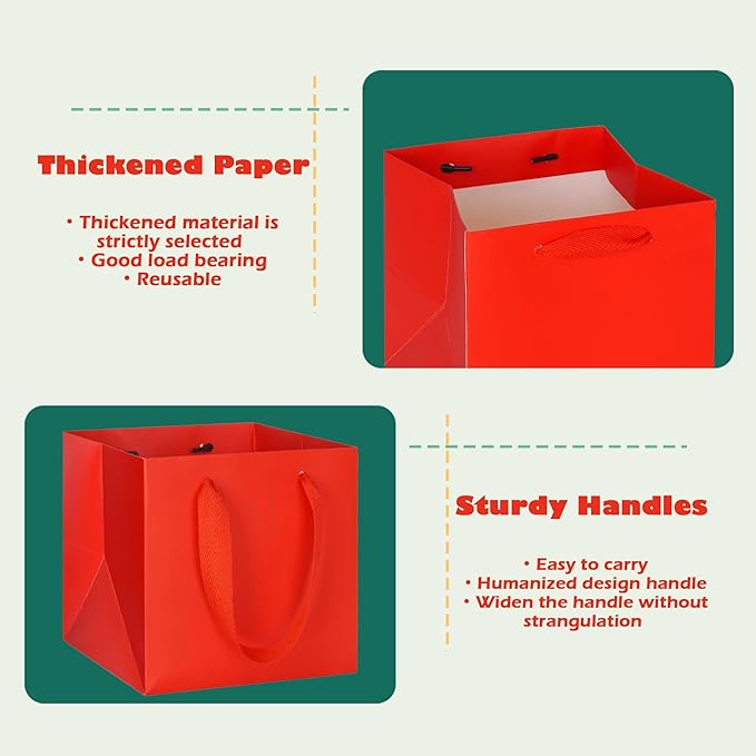 Gift Bags, Red Square Bottom Paper with Handles, 12 x 12 Inch, Pack of 10