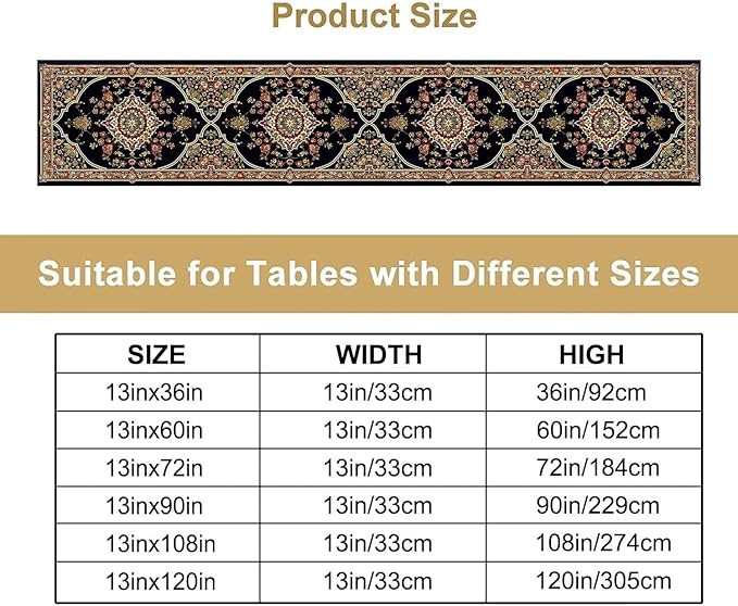 Vintage Boho Floral Table Runner, Rustic Country Farmhouse Black Bohemia Flower Pattern for Home Kitchen Table Decor Dining Cafe Room Wedding Party Decor 13x90in