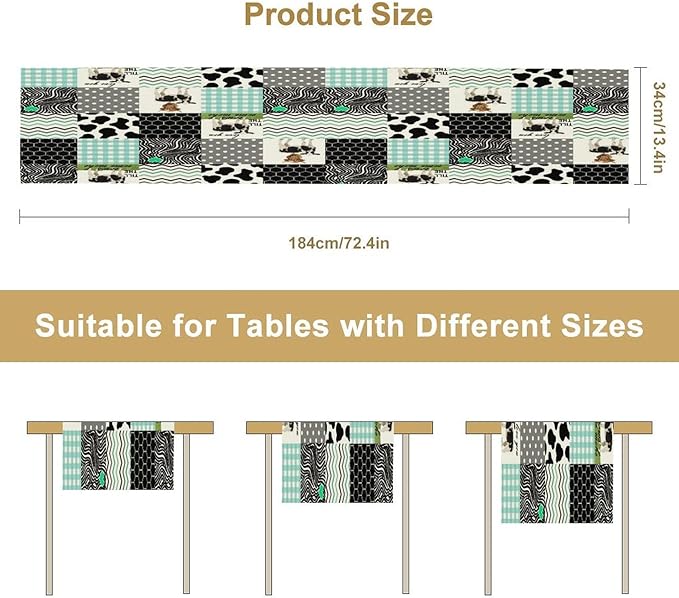 Cute Cow Print Table Runner,Farm Animals Honeycomb Plaid Stripes Cowhide Pattern Tablecloth Burlap for Hotel Indoors Outdoor Dining Room Kitchen Table Decor, 13x108in