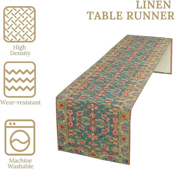 Vintage Boho Floral Table Runner, Rustic Country Farmhouse Teal Red Purple Flower Pattern for Home Kitchen Table Decor Dining Coffee Room Party Decor 13x60in