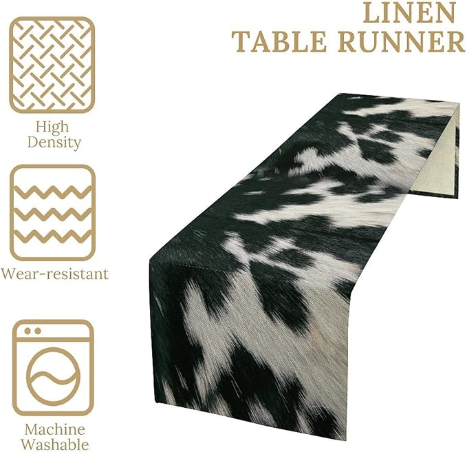 Cow Skin Print Table Runner, Rustic Country Farm Fur Skin Cowhide Pattern Western Style Black White Print Table Runner for Home Kitchen Dinning, 13x70 Inch