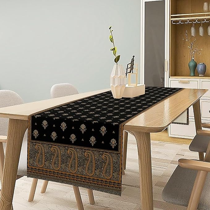 Vintage Paisley Table Runner, Boho Brown Black Flowers Leaves Print Table Runner for Home Dining Kitchen Table Party Wedding Decor, 13x90inch