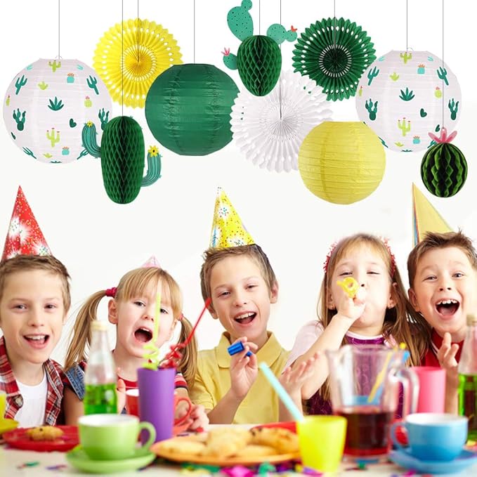 Cactus Party Decorations, Hawaiian Party Supplies Tropical Hanging Paper Lanterns Cactus Honeycomb Tissue Paper Fans for Llama Birthday Luau Party Decorations (Green)