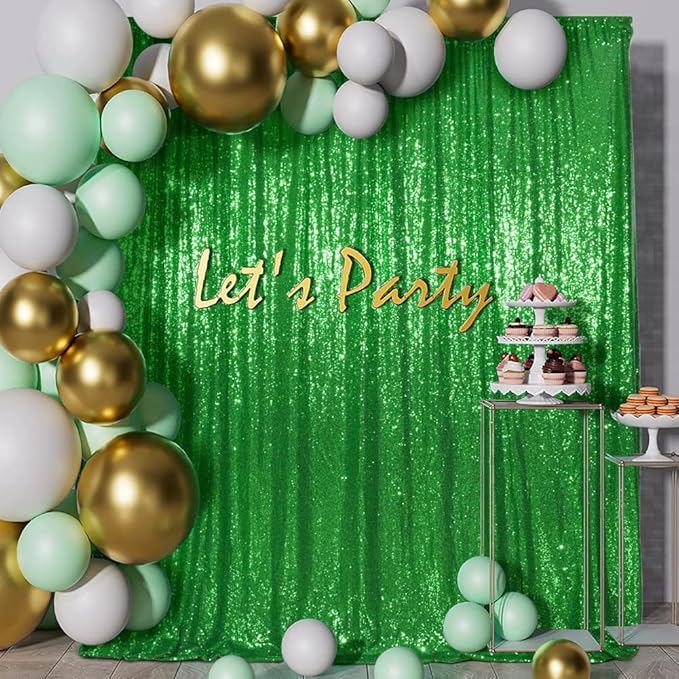 Sequin Backdrop Curtain in Green, 10 x 10 Ft with 3MM Round Sequins