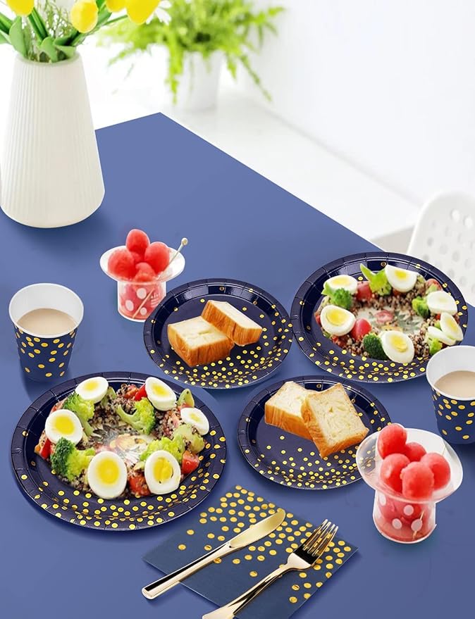 141 Pieces Navy Blue Gold Party Supplies, Party Dinnerware Sets Include Paper Plates Napkins Cups Silverware, for Wedding Bridal Shower Engagement Birthday Parties Decoration -20 Serves